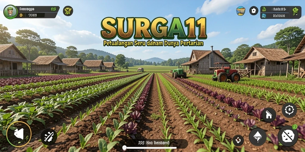Screenshot gameplay SURGA11 menampilkan ladang hijau subur dan aktivitas bertani yang menyenangkan.