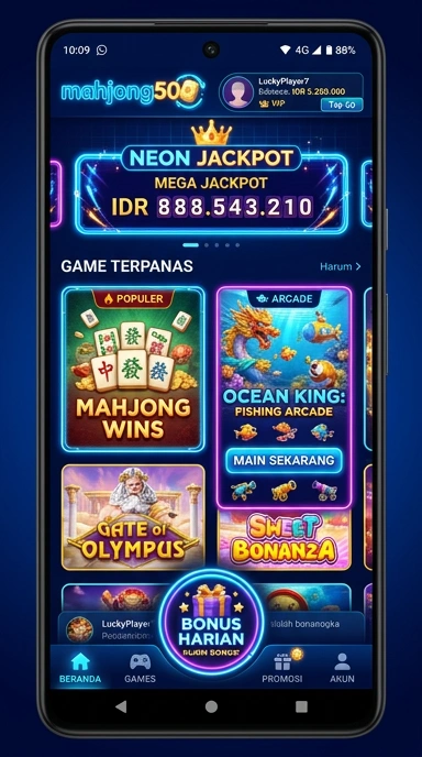 Screenshot antarmuka pengguna aplikasi mahjong500 yang dinamis.